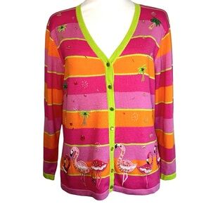 Berek Vintage Striped FLAMINGO Embroidered V-Neck Cardigan Sweater Size Medium